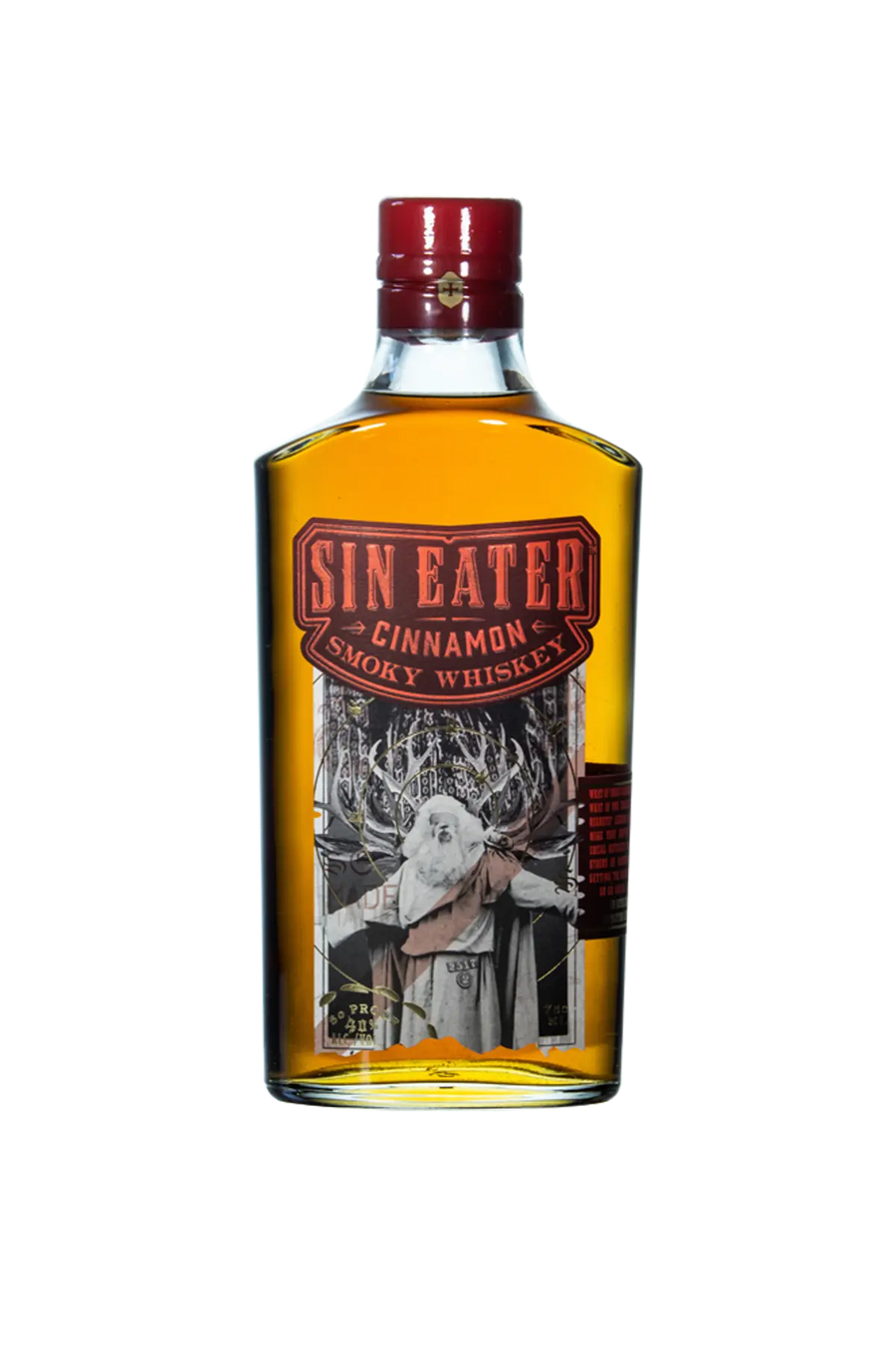 Bottle of Sin Eater Cinnamon Smoky Whiskey on a white background