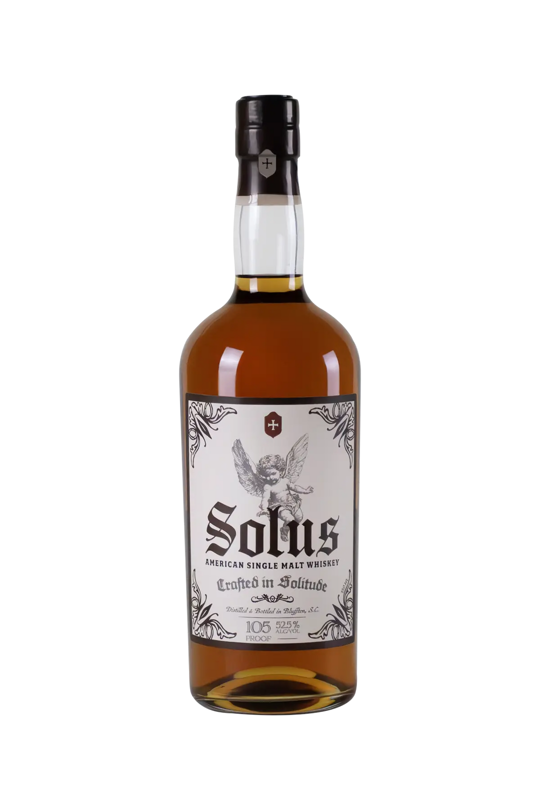 Bottle of Solus American Single Malt Whiskey on a white background