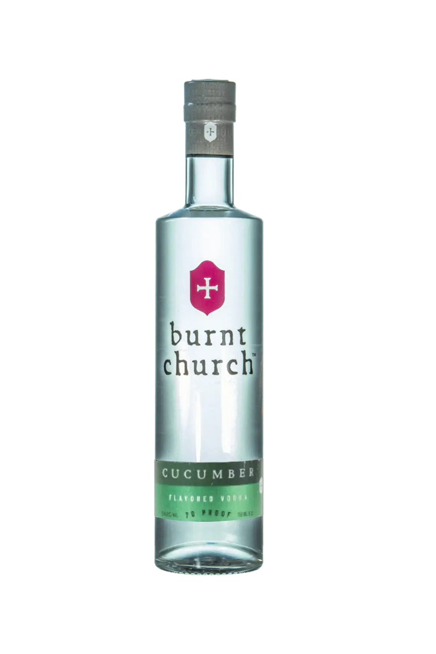 Bottle of Burnt Church cucumber-flavored vodka on a white background